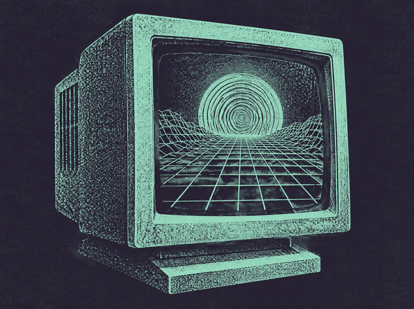 A retro computer monitor showing a wireframe landscape with tree rings rising like a sun.