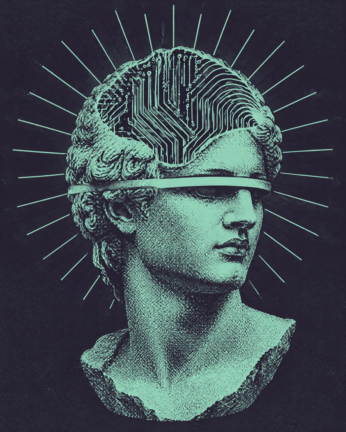 A marble bust with a circuit visor across its eyes, drawn in stippled mint on aubergine.