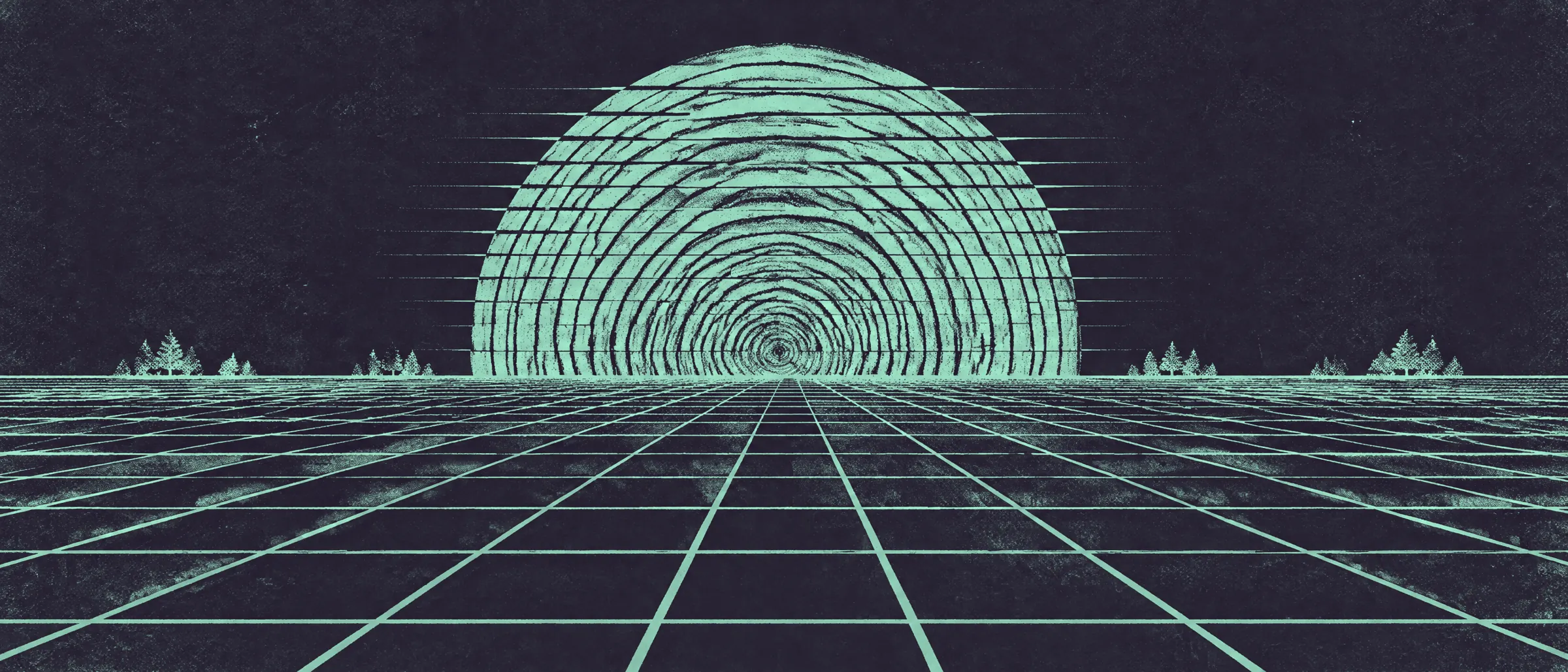 A wireframe plain under a huge half sun made of tree rings.