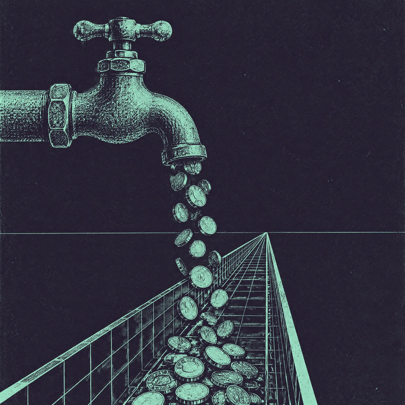 An antique tap pours coins into a wireframe channel that runs toward the horizon.